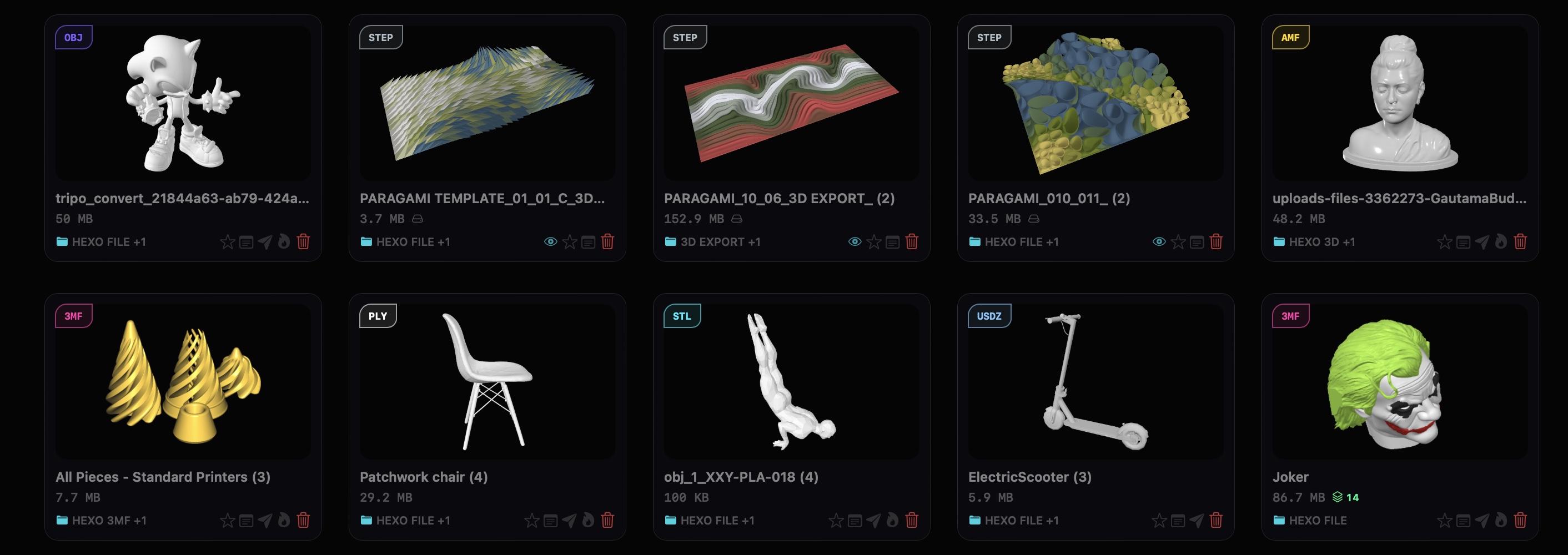 A real HEXOstudios library: ten files shown as rendered 3D thumbnails, in OBJ, STEP, AMF, 3MF, PLY, STL and USDZ