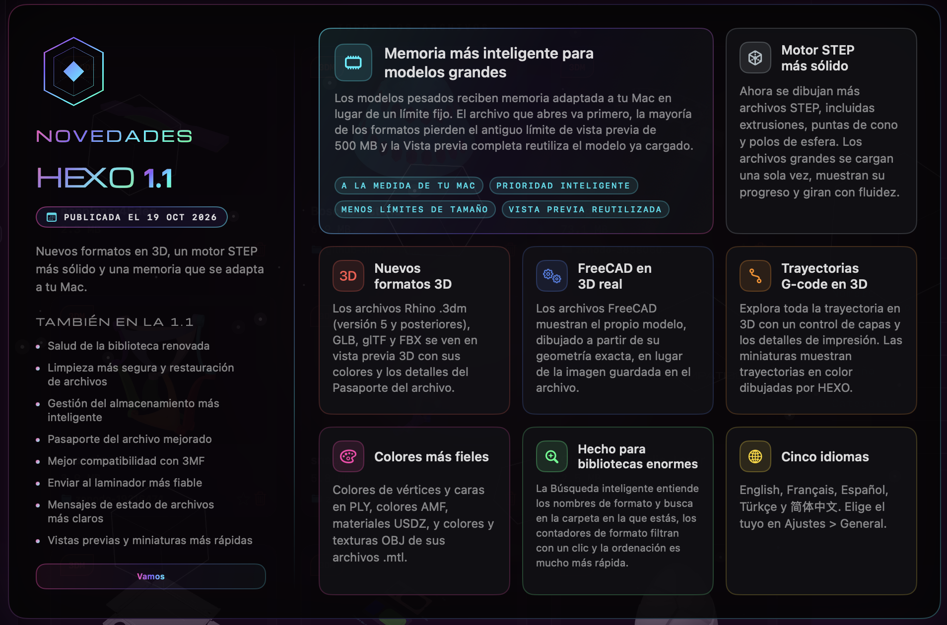 La ventana Novedades de HEXOstudios 1.1: Memoria más inteligente para modelos grandes, Motor STEP más sólido, Nuevos formatos 3D, FreeCAD en 3D real, Trayectorias G-code en 3D, Colores más fieles, Hecho para bibliotecas enormes y Cinco idiomas