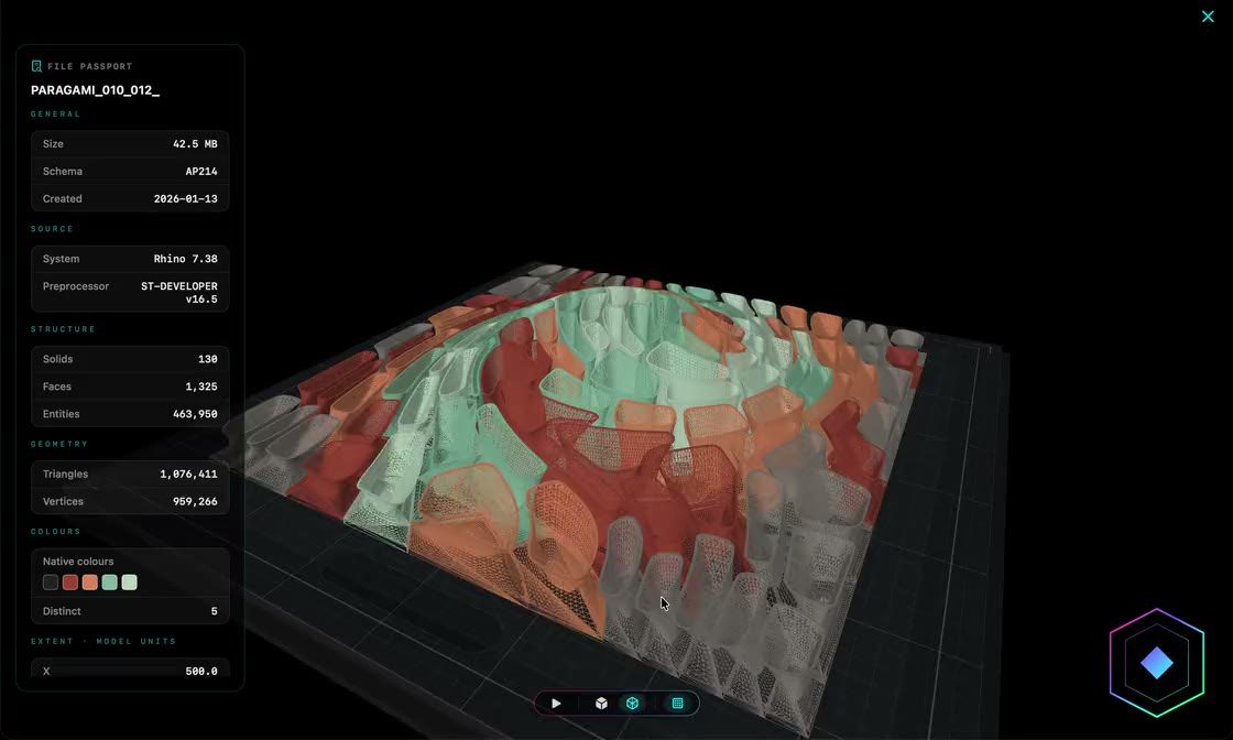 A STEP model open in HEXOstudios Full Preview, with its File Passport beside it